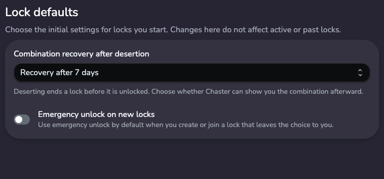 Lock defaults page with the Emergency unlock on new locks preference