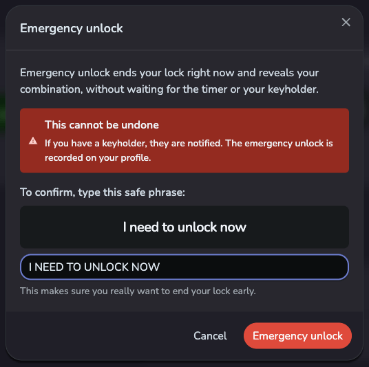 Emergency unlock confirmation showing the displayed phrase, matching input, and enabled confirmation button