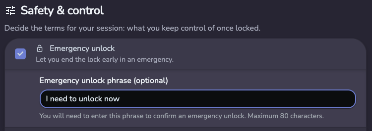Safety &amp; control section with emergency unlock enabled and its confirmation phrase field