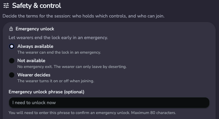 Shared-lock emergency unlock options: Always available, Not available, and Wearer decides