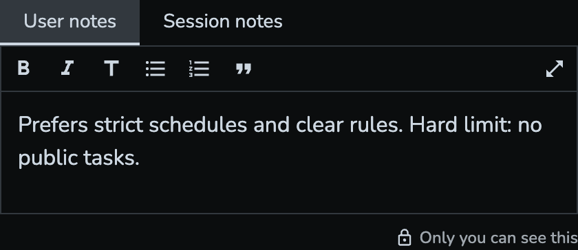 Notes section in the keyholder panel, showing the User notes and Session notes tabs and the "Only you can see this" label