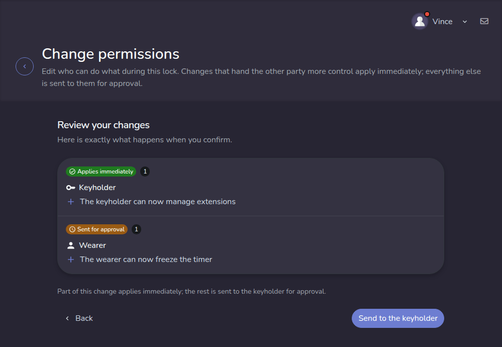 Change permissions review step showing the "Applies immediately" and "Sent for approval" buckets