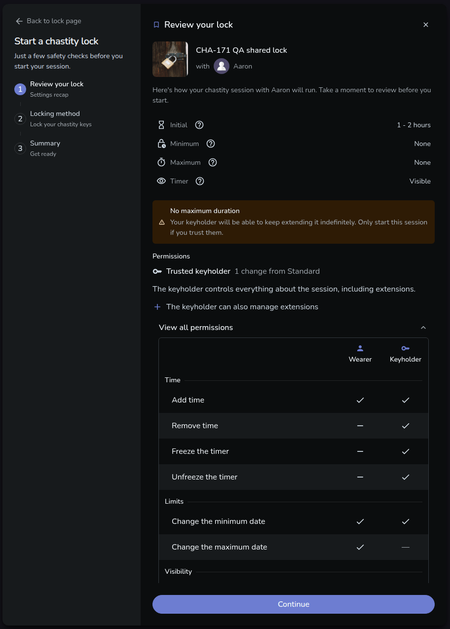 Join screen of a shared lock showing the Trusted keyholder preset, its consent sentence and the difference from Standard