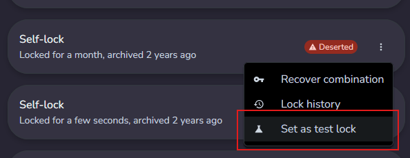 Set as test lock option in the archived lock menu